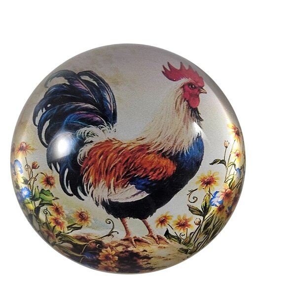 Decorative Glass Dome Paperweight Chicken Rooster Illustration Yellow Flowers - Picture 1 of 8